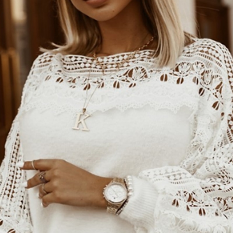 Women's Elegant Cropped Crew Neck Pullover Sweater with Crochet Knit and Lace Trims - Fall and Winter Casual Long Sleeve Top in Floral White