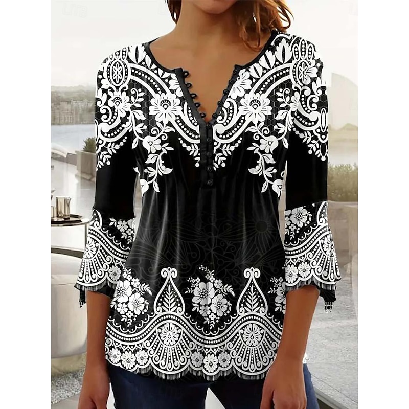 Elegant 3/4 Sleeve Black Tunic with Ruffle Button Detail – Vintage Notched Neck for Daily Outings – Women's Spring/Fall Top