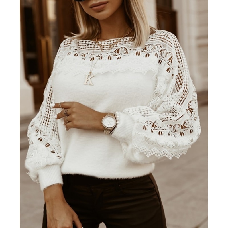 Women's Elegant Cropped Crew Neck Pullover Sweater with Crochet Knit and Lace Trims - Fall and Winter Casual Long Sleeve Top in Floral White